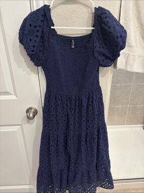 Navy Eyelet Puff-Sleeve Dress